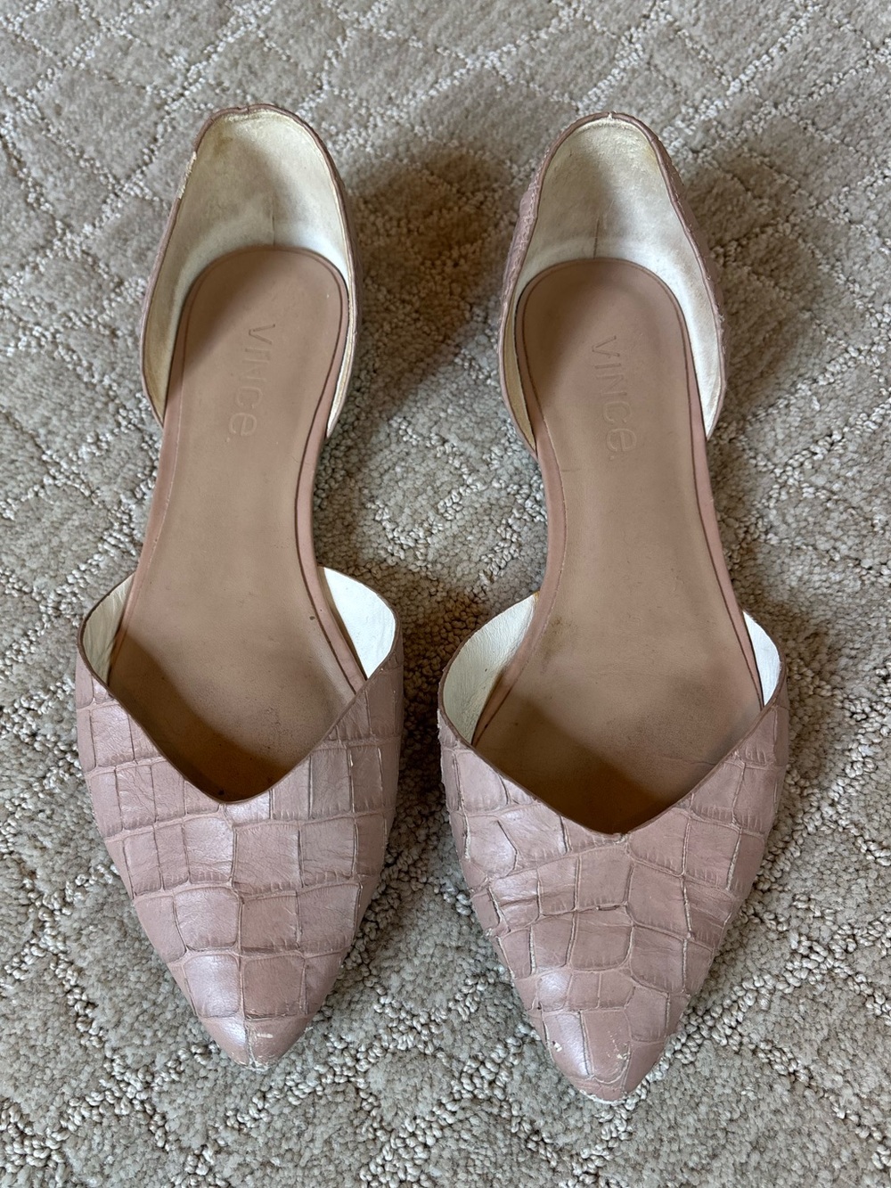 VINCE Pointed Toe Flat Croc Print in Dusty Pink/Nude